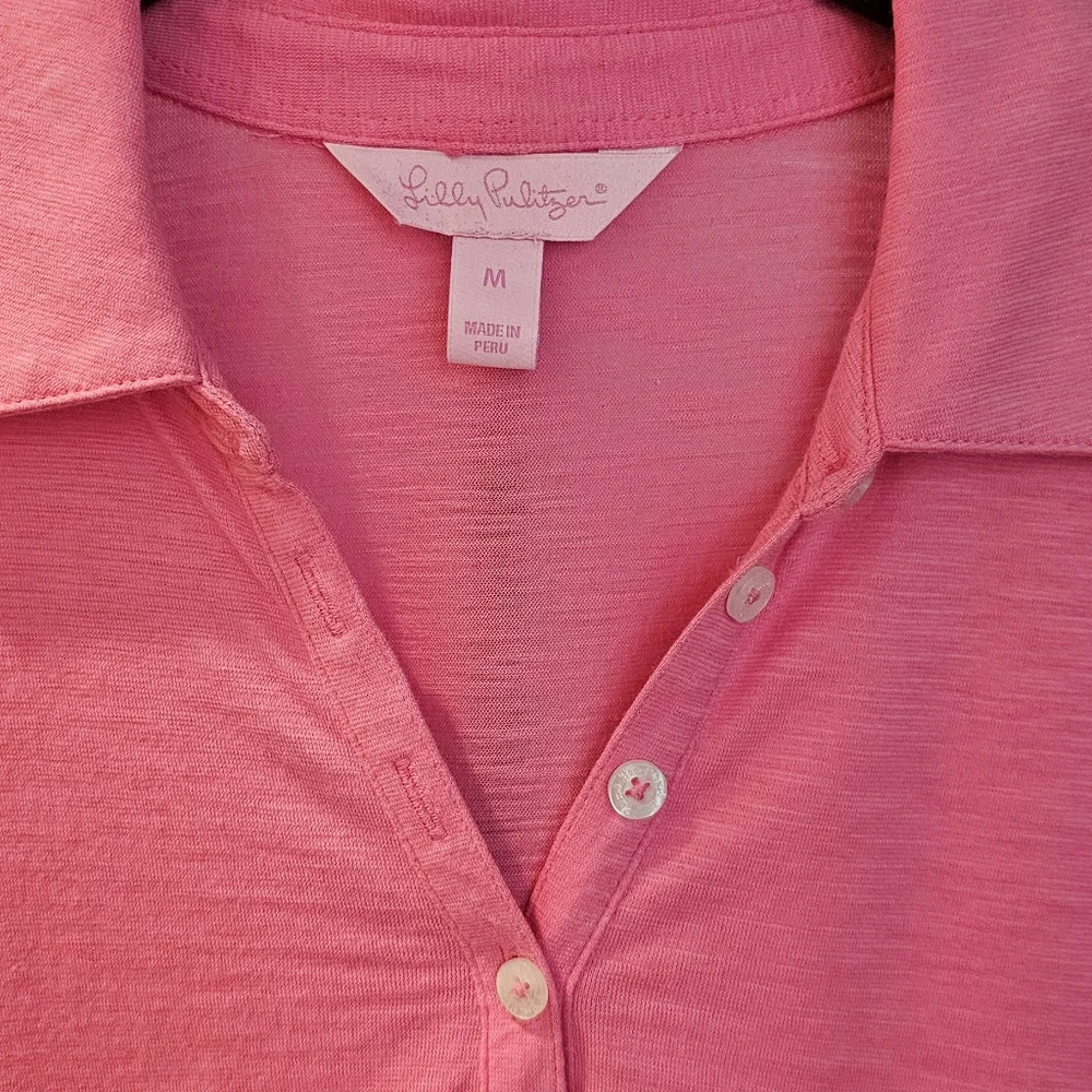 Lilly Pulitzer Polo Golf Shirt Solid Pink Thin Lightweight Top Med - Picture 3 of 4